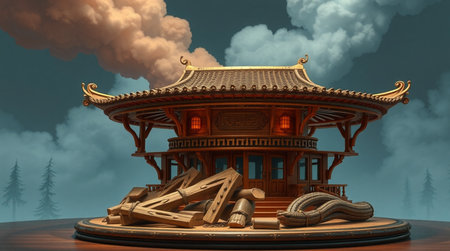 3D rendering of a Japanese temple with a lot of clouds in the backgroundの写真素材