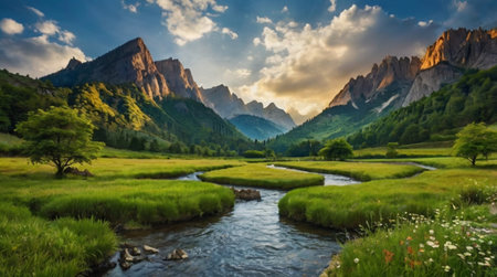 Panoramic view of the valley in the Dolomites, Italyの写真素材