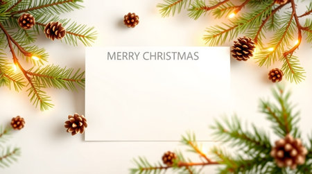 Christmas greeting card with fir tree branches, cones and garland lights on white background. Top view with copy spaceの写真素材