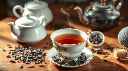Cup of tea and teapot on wooden table, closeupの写真素材
