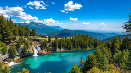 Panoramic view of the lake and waterfall in the Canadian Rockies