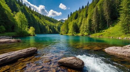 Panoramic view of the mountain river in the forest. Beautiful summer landscapeの写真素材