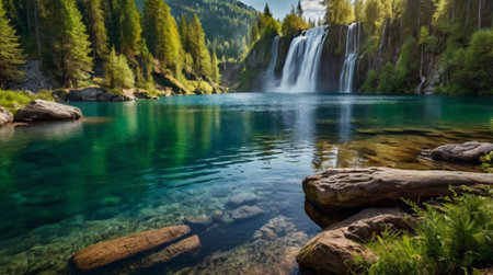 Waterfall in the mountains on a sunny summer day. Landscape.の写真素材