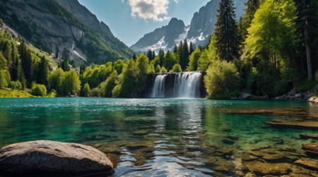 Beautiful view of a waterfall on a lake in the Alps