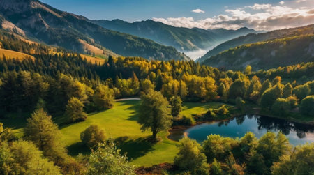 Aerial view of beautiful green grassy meadow and mountain lake.の写真素材