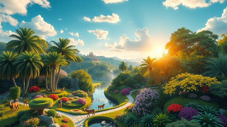 Tropical landscape with lake, trees and flowers. 3d renderの写真素材