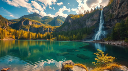 Beautiful mountain lake with clear water and high mountains in the background
