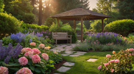 Sunset in summer garden with bench and gazebo.
