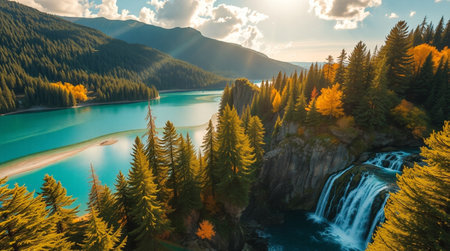Aerial view of the beautiful turquoise water of a mountain lake surrounded by pine forest and high mountains.の写真素材