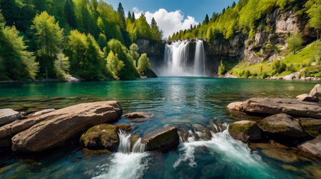 Beautiful waterfall in the mountains. Waterfall in the forest. Summer landscape.