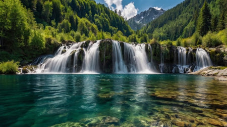Waterfall in the mountains. Beautiful waterfall in the mountains. Mountain landscape.の写真素材