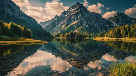 Beautiful alpine lake with reflection of mountains in the water.の写真素材