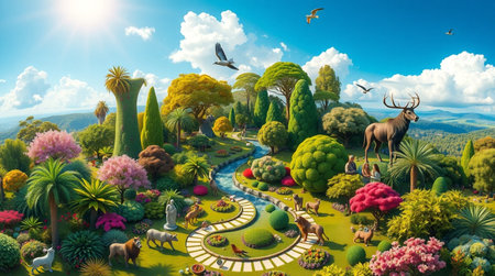 3D rendering of a fantasy garden with trees, plants and animalsの写真素材