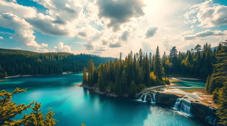 Aerial view of a beautiful mountain lake in the middle of the forestの写真素材