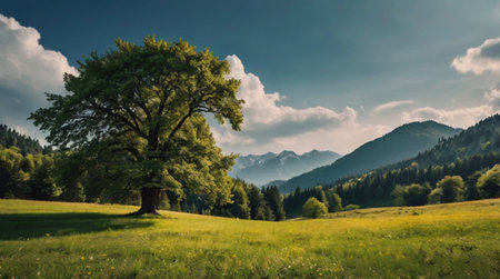 Lonely tree on a meadow with mountains in the backgroundの写真素材