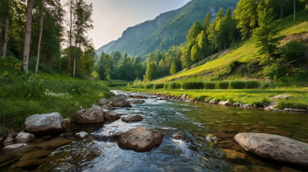 beautiful mountain landscape with the river and forest in the background.の写真素材