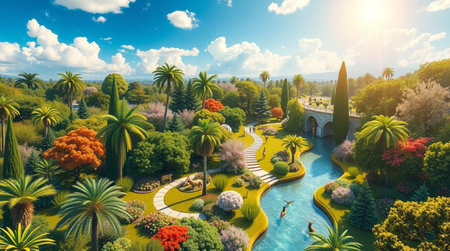 3d render of a fantasy garden with trees, flowers and bridgeの写真素材