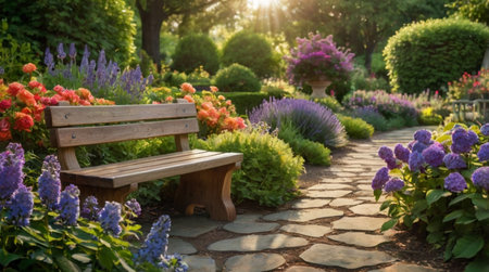 Wooden bench in the garden with purple hydrangea flowersの写真素材