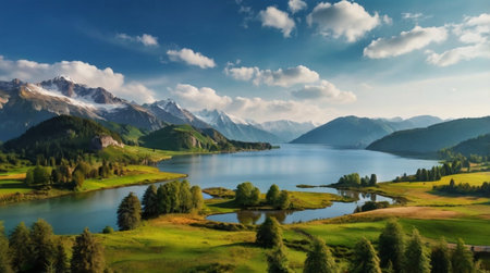 Panoramic view of alpine lake. Beautiful summer landscape.