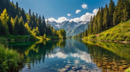 Panoramic view of alpine lake with reflection of mountains and clouds