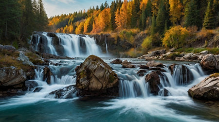 Waterfall in the autumn forest. Beautiful landscape with a mountain river.の写真素材