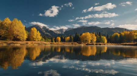 Beautiful autumn landscape with mountain lake and reflection in calm water.の写真素材