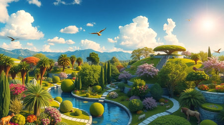3D rendering of a fantasy garden with a lake and trees.の写真素材