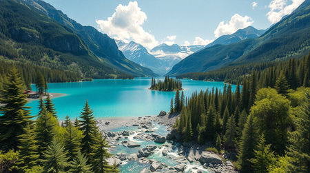Panoramic view of turquoise lake in the Canadian Rockiesの写真素材