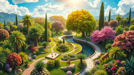 3D render of a beautiful garden on a background of mountains.の写真素材