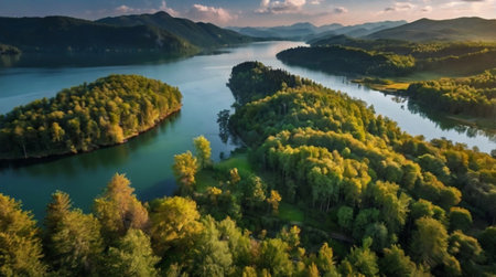 Aerial view of a beautiful lake in the mountains during sunset.の写真素材