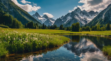 Panoramic view of the mountain lakeの写真素材