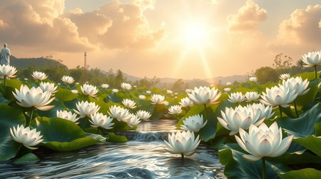 Beautiful white lotus flower blooming in the pond at sunsetの写真素材
