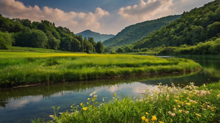 Beautiful summer landscape with a river and mountains in the background.