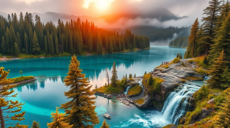 Beautiful panoramic view of turquoise lake and pine forest at sunrise, Banff National Park, Canadaの写真素材
