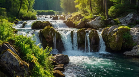 Beautiful waterfall in the forest. Mountain river with a waterfall in the forest.の写真素材