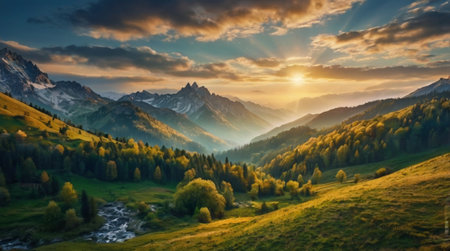 Fantastic view of alpine valley at sunset. Dramatic sky. Beauty world.の写真素材
