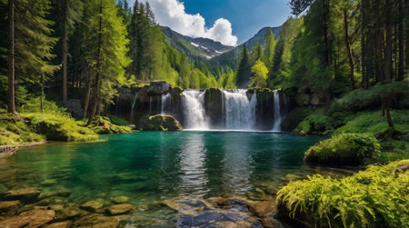 Panoramic view of beautiful waterfall in the Alps, Austria.