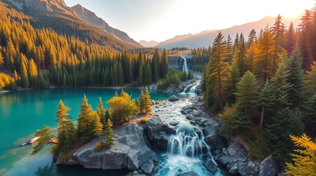 Mountain lake with waterfall and coniferous forest at sunset.