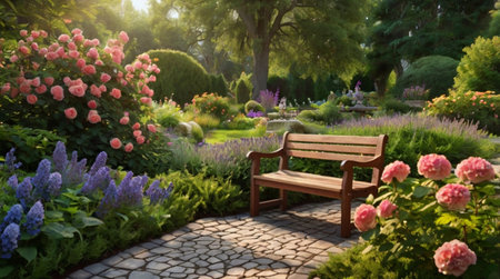 Wooden bench in the garden with blooming hydrangeasの写真素材