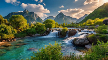 Beautiful mountain landscape with a waterfall in the Altai mountains.の写真素材