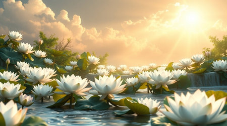 White lotus flowers in the pond with sunset. 3d renderingの写真素材