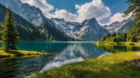 Panoramic view of a beautiful alpine lake in the Alpsの写真素材