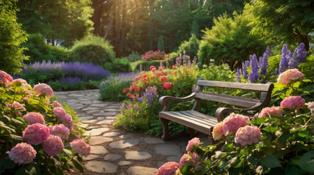 Beautiful summer garden with a bench and blooming hydrangeas