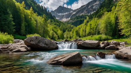 Panoramic view of the mountain river in the Alps, Switzerlandの写真素材