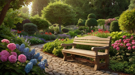 Beautiful garden landscape with bench in the morning light. Springtime
