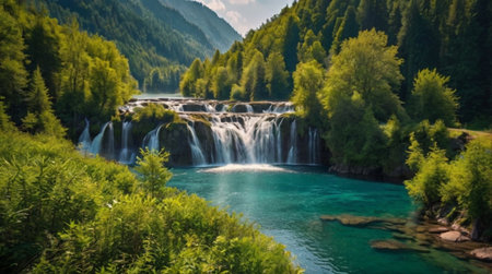 Beautiful waterfall in the mountains. Summer landscape with a waterfall in the mountains.の写真素材