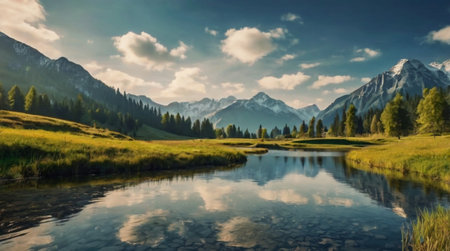 panoramic view of alpine lake with reflections of mountains and forestの写真素材