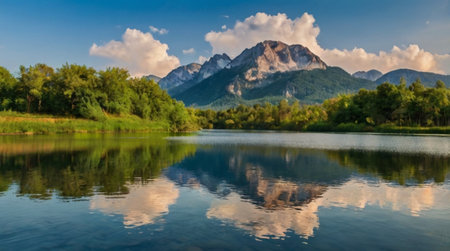 Mountains reflected in the water of the lake. Blue sky with clouds.