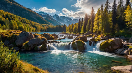 Mountain stream in Italy. Panoramic viewの写真素材