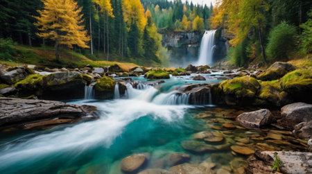 Autumn landscape with colorful forest and waterfall in the Carpathian mountainsの写真素材